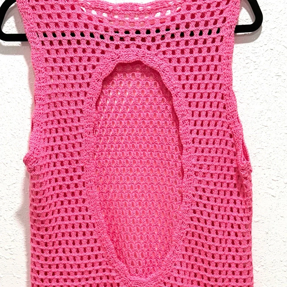 Sleeveless Pink‎ Crochet Swim Cover-Up Tunic S